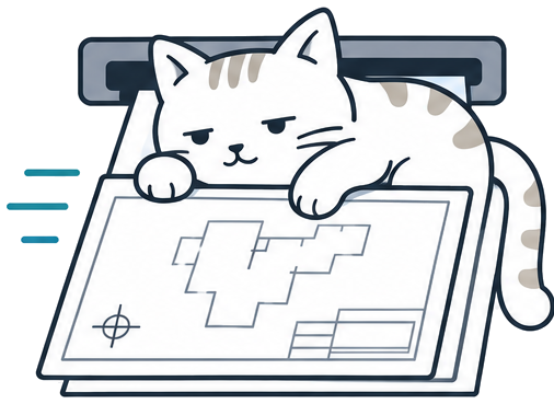 图纸猫 CADCat 品牌标志：一只猫趴在绘图仪输出的图纸上