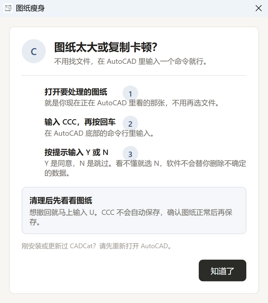 图纸瘦身用法窗口:打开当前图纸、输入 CCC、按提示确认,清理后检查图纸并自行保存